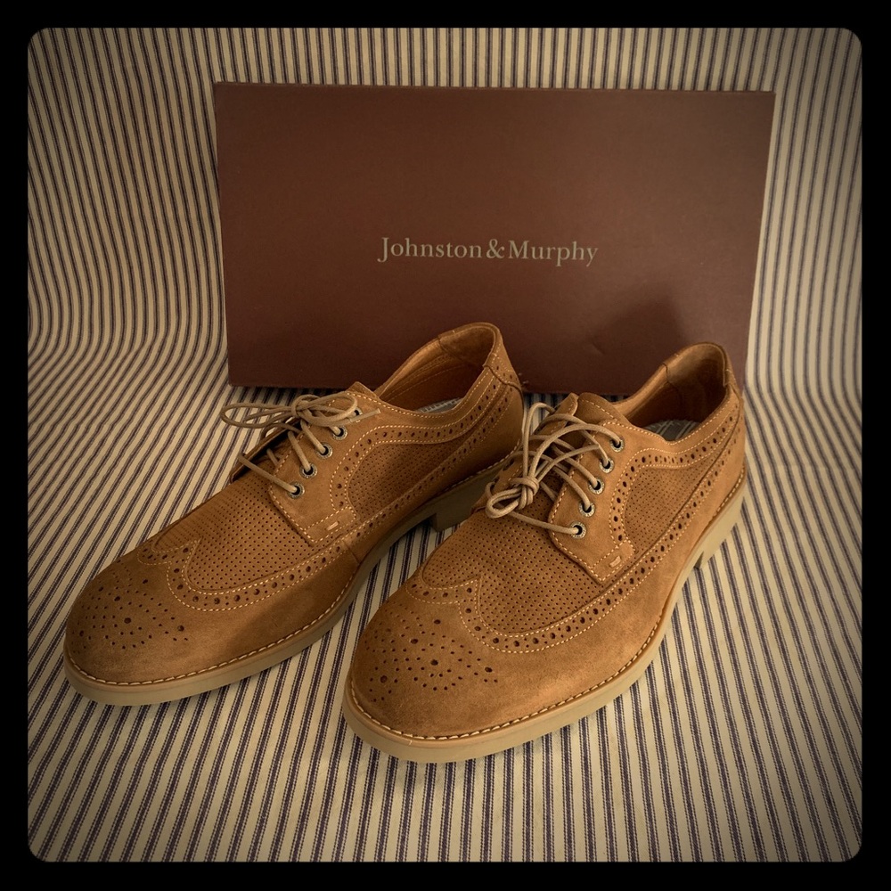 Johnston & Murphy suede wingtip oxfords